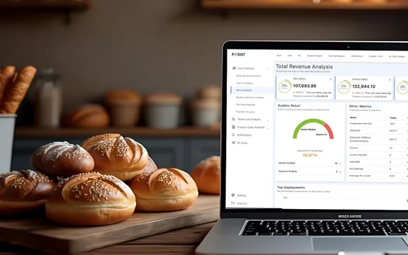 Bakery sales analytics dashboard on a laptop