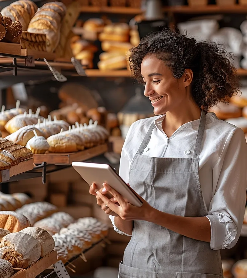 Bakery worker using a tab