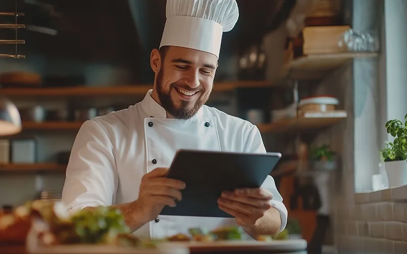 Chef checking analytics on tab