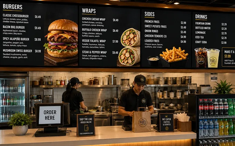 Menu displayed in a fast casual restaurant