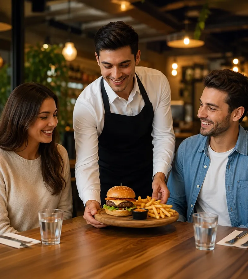 Waiter serving food to happy customers