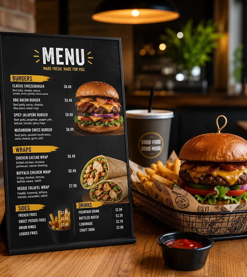 Menu displayed on table along with burger meal