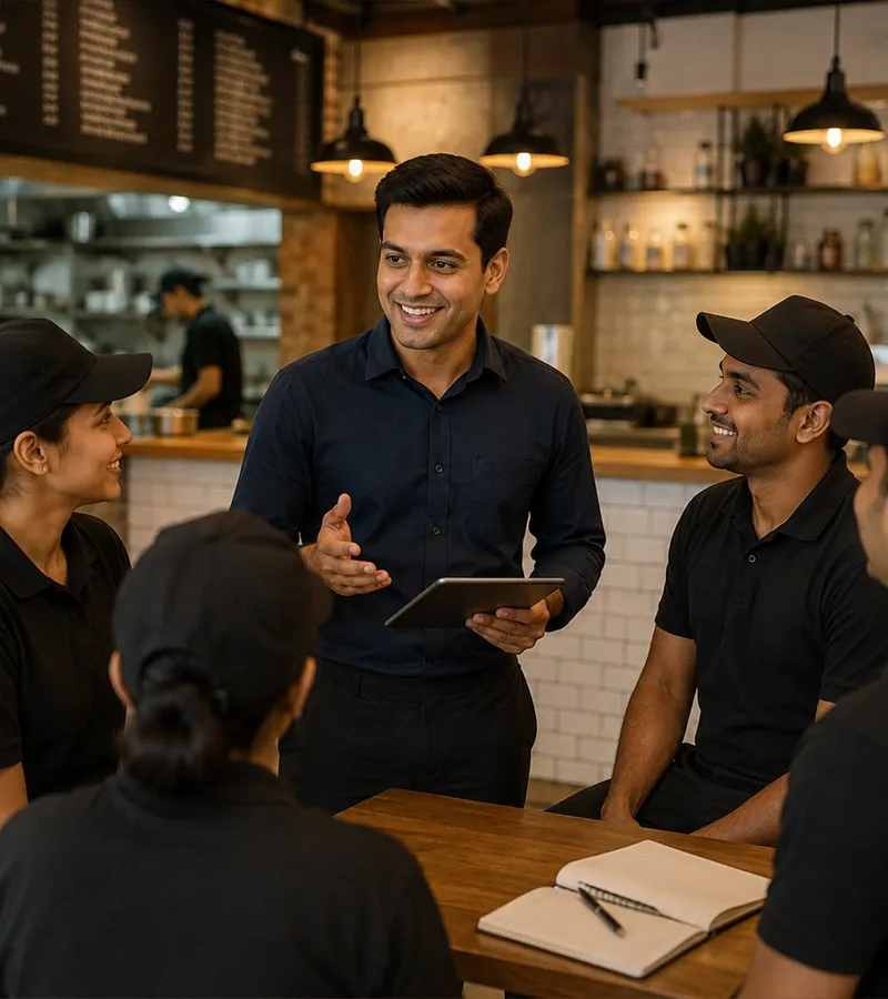 Restaurant manager discussing SOPs with staff